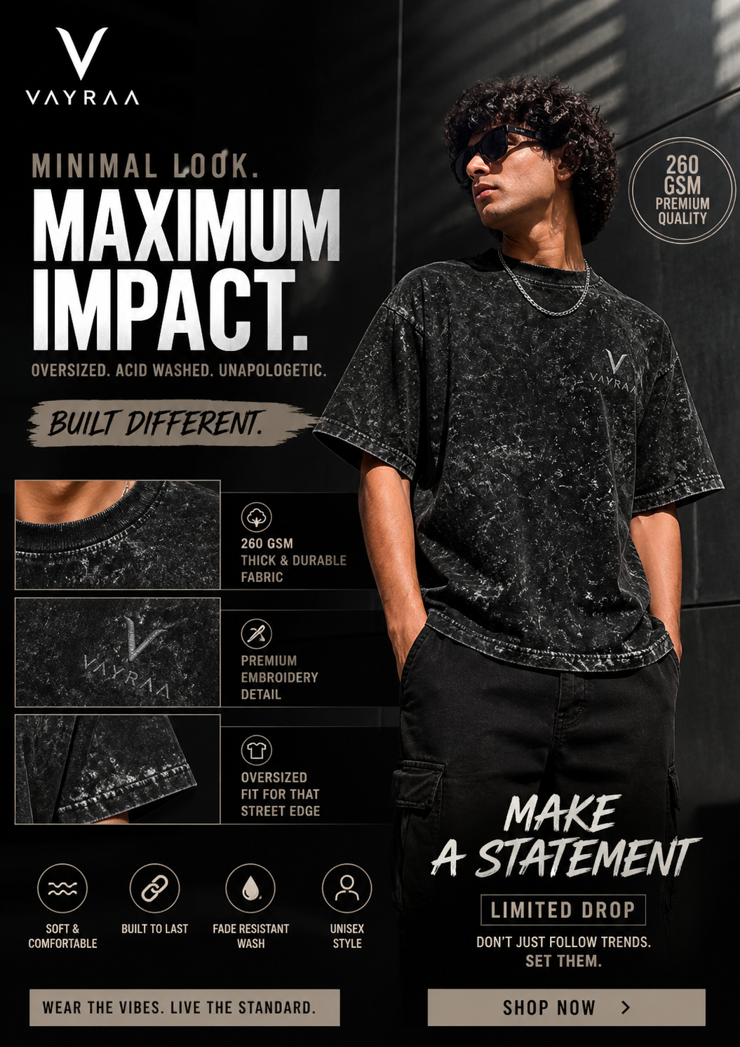 VAYRAA Acid Washed Oversized Tee – 240 GSM Premium Black