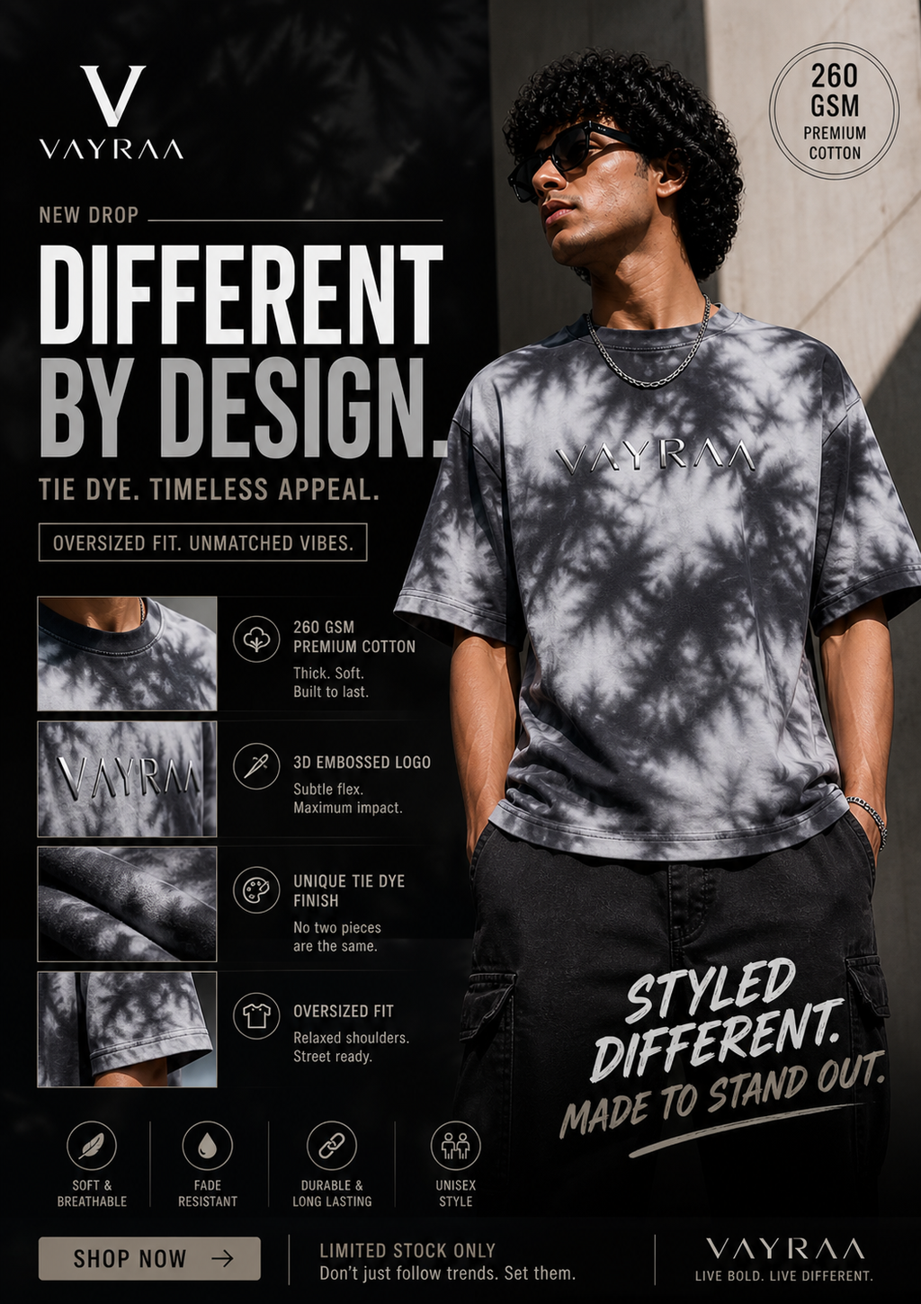 VAYRAA Tie-Dye Oversized Tee – 260 GSM Premium Streetwear